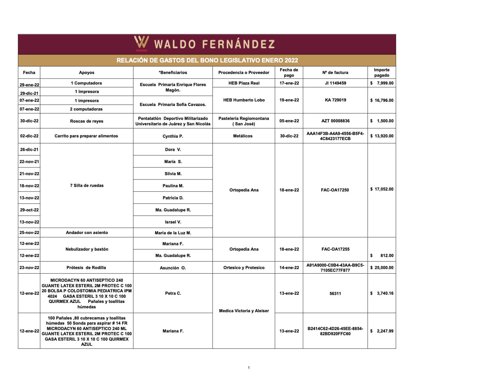 Reporte De Transparencia Enero Waldo Fernandez